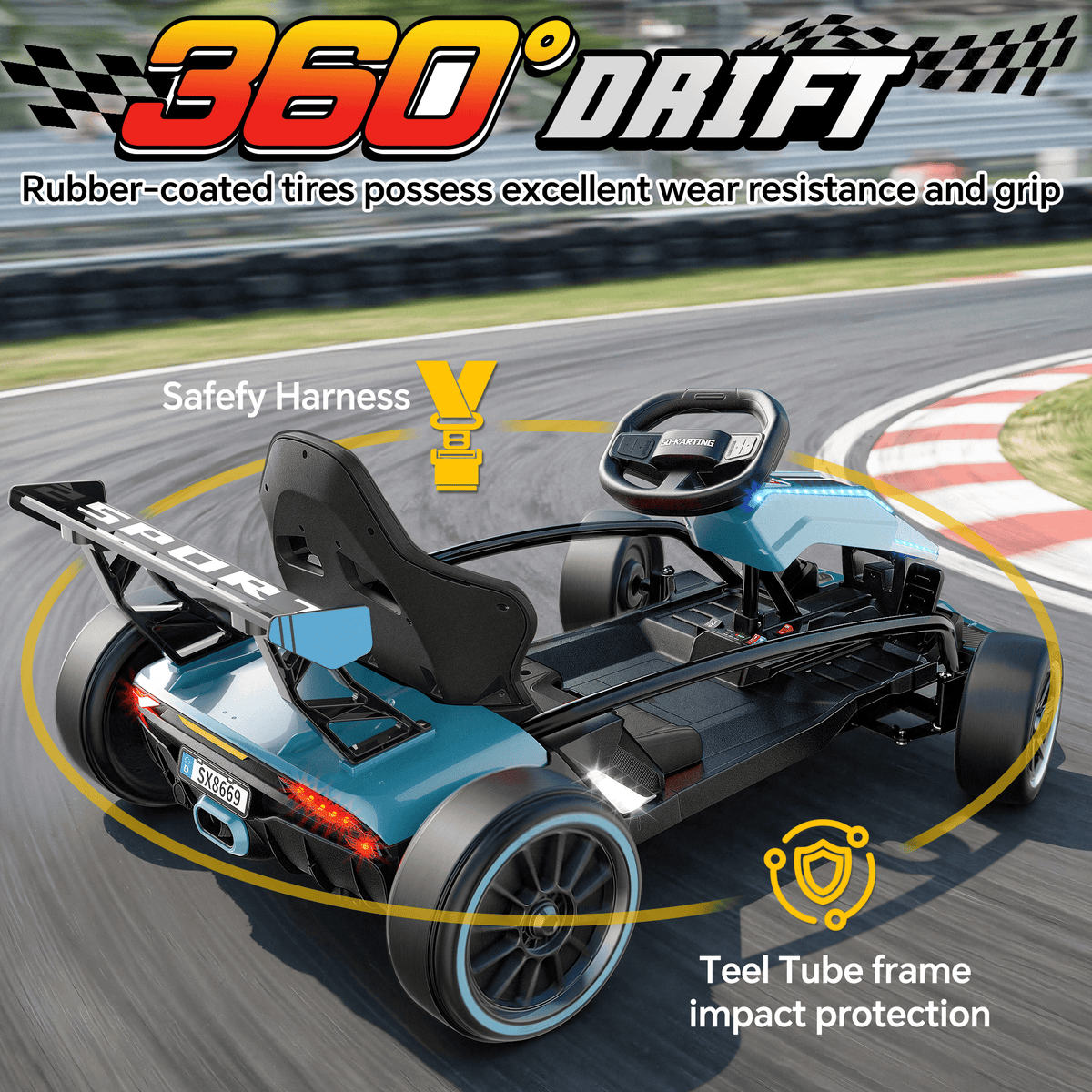 TOYBSNR 24V Electric Drift Go Kart for Kids 6-14, 24V Drift Car Ride On Racing Kart for Big Kids, Adjustable Seat, 9.3 MPH, Blue