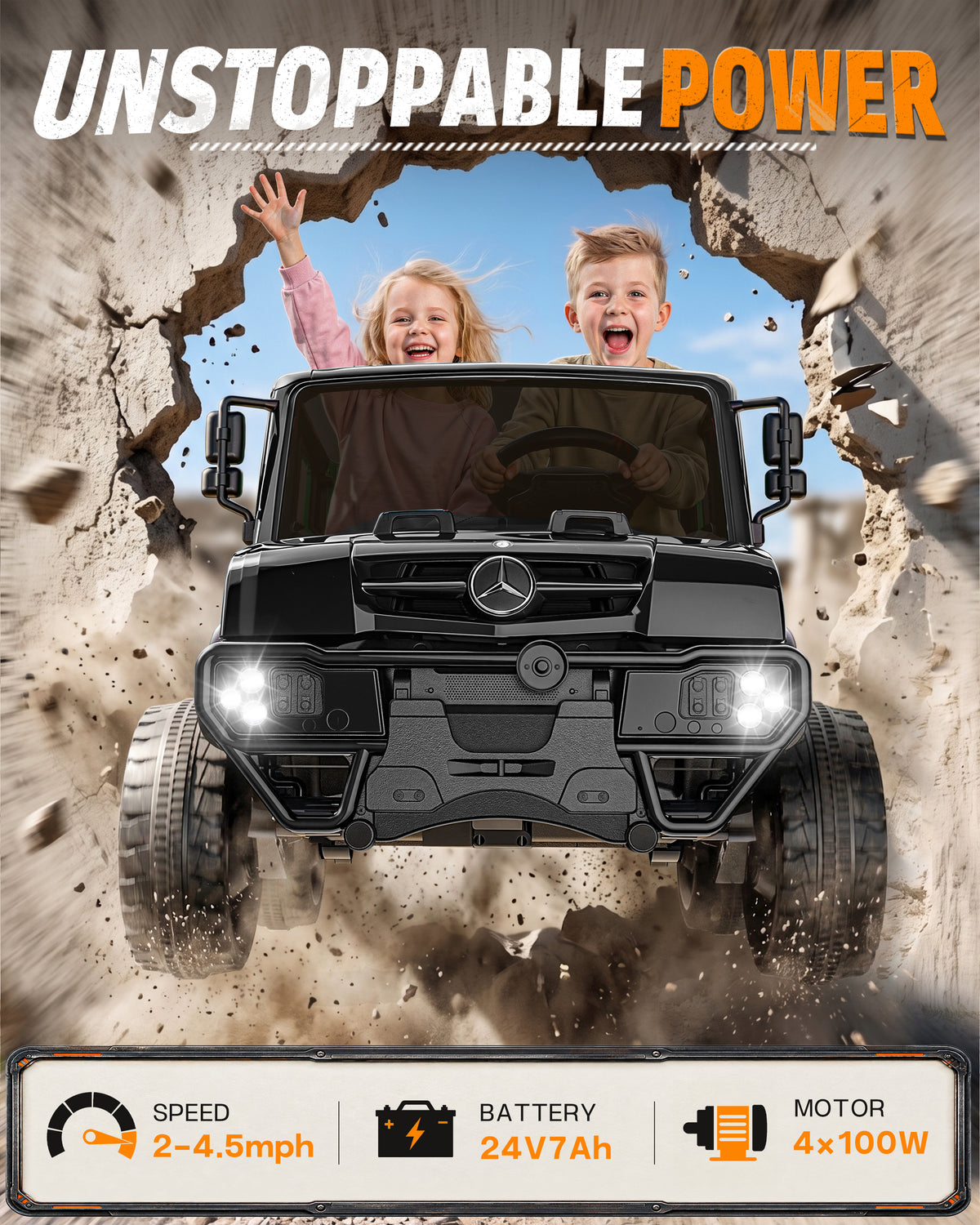 TOPLIX Mercedes-Benz Unimog 24V Ride On Dump Truck for Kids, 2 Seater w/Remote