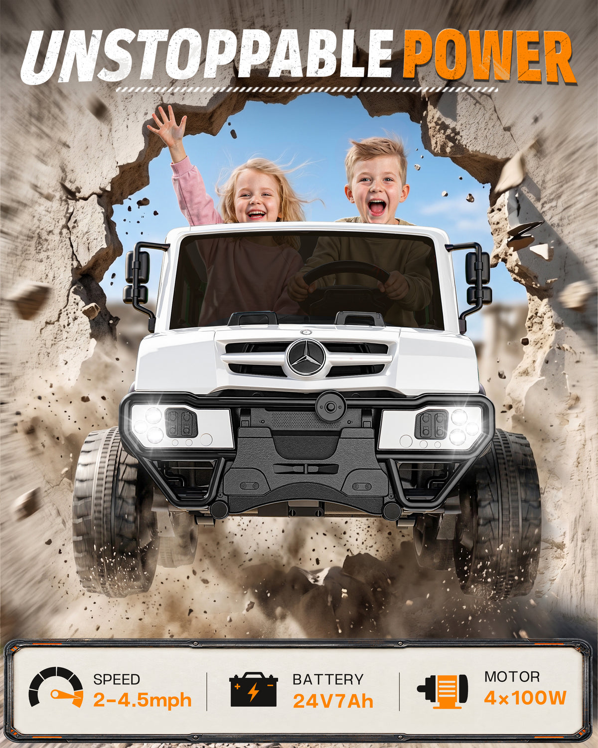 TOYBSNY 24V Ride on Toy for Kids, Licensed Mercedes-Benz Unimog Kids 2 Seater Electric Ride on Car with Parent Remote Control, LED Lights, Bluetooth, 5 MPH, 130 Lbs