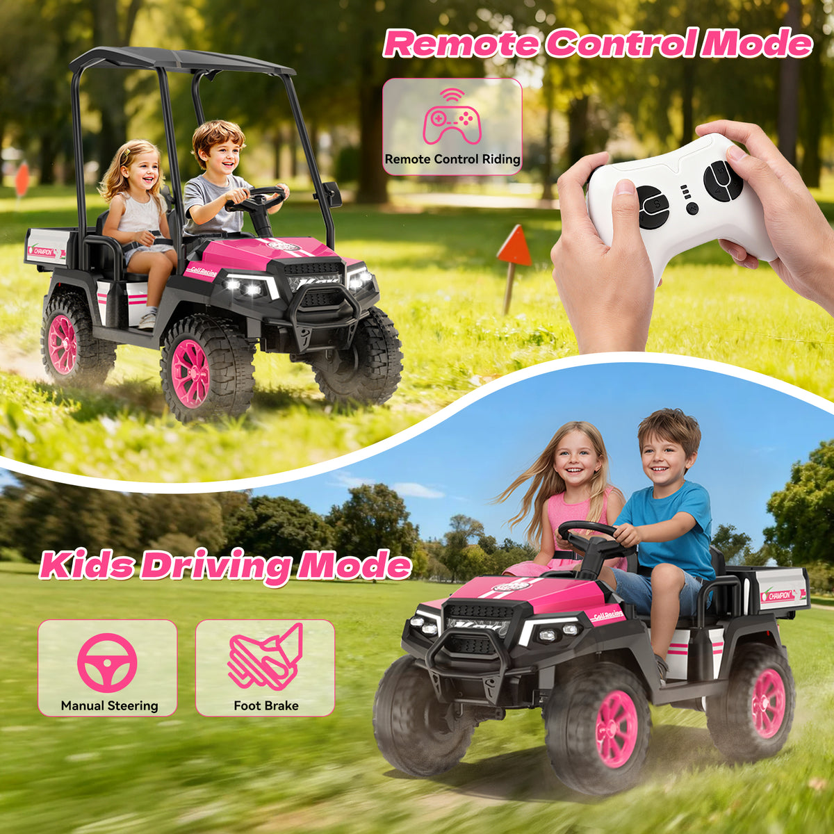 AceCruisers 24v ride on toys for Big Kids w/0.72 ft³ Large Storage Trunk, 4WD 20” 2 Seater Kids Golf Cart w/Detachable Roof, 2 Speeds, Music & Remote Control, LED Lights for Kids Ages 3-8(Pink)