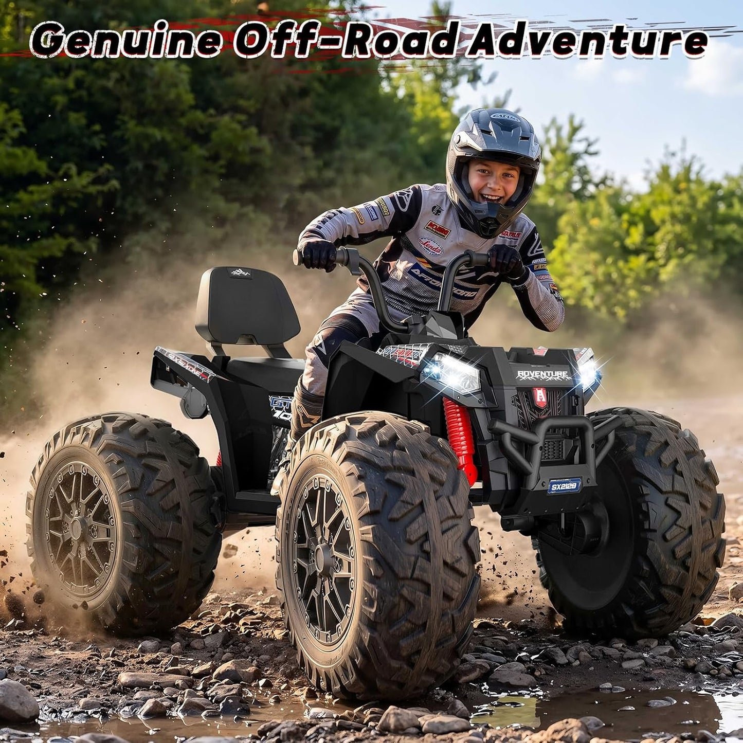 Kids ATV 4 Wheeler, 24V 4WD Ride On Toys Car for Big Kids 5-14, 800W Electric Vehicle Quad Max 7.5Mph w/XXXL EVA Tires, Sturdy Frame, 2 Seater, Soft Start, Shock Absorber, Bluetooth, LED Lights, Black-UPC: B0GWJDD779