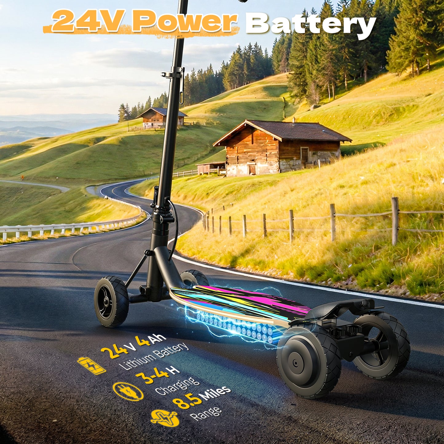 East doll 24V 4 Wheel Electric Scooter for Kids Ages 8-12, 250W Brushless Motor, Max 10 MPH & 8.5 Miles, LED Lights, 5 Speed, Rear Brake, Tiltable Handle Kids E-Scooter