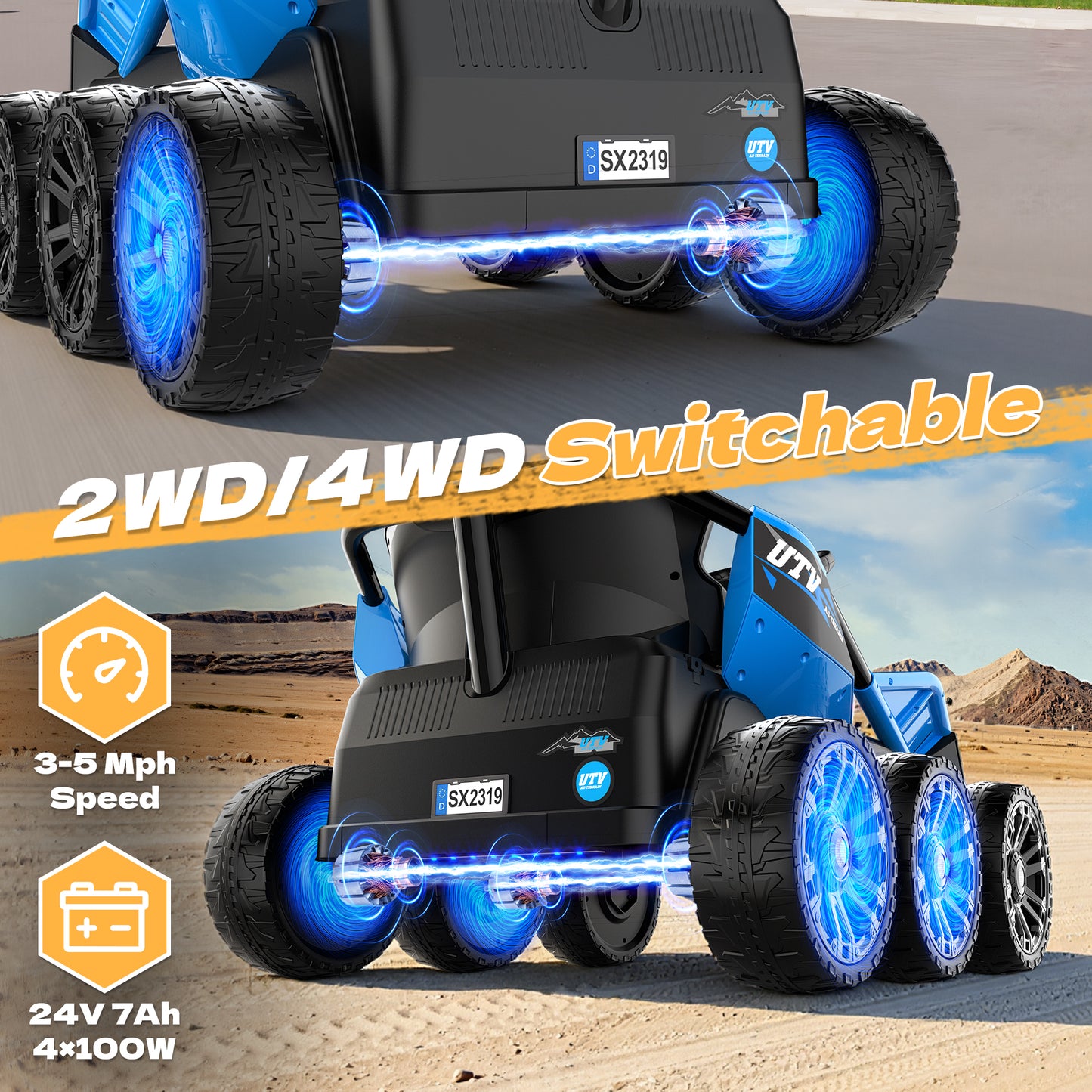 East doll 24V Power Ride on Toys for Big Kids, 6 Wheels Kids UTV, 4x75W Motors, 5MPH, Remote Control, Music, Racing Kids Electric Kart for Age 3+