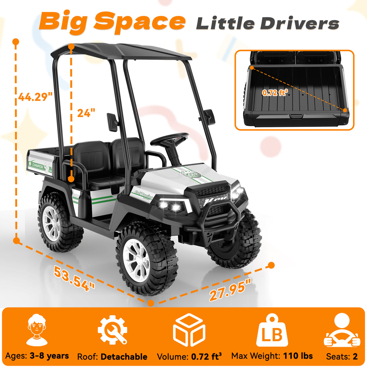 AceCruisers 24v ride on toys for Big Kids w/0.72 ft³ Large Storage Trunk, 4WD 20” 2 Seater Kids Golf Cart w/Detachable Roof, 2 Speeds, Music & Remote Control, LED Lights for Kids Ages 3-8(White)