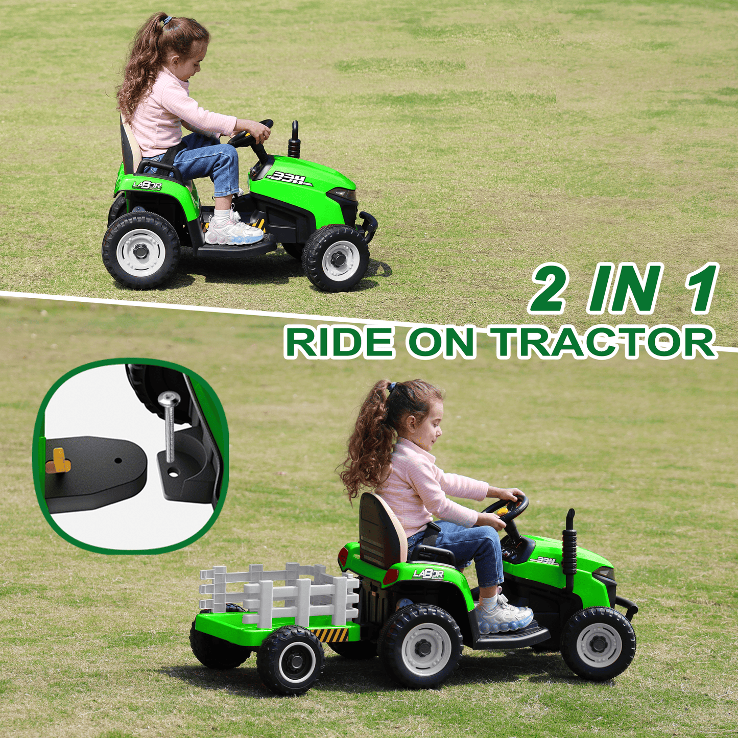 East doll 24 Volt Ride on Toys Car for Kids, Ride-on Tractor with Trailer, Electric Car for Kids, Power EVA Four Wheeler with Remote Control, 4.3Mph, Music Player, LED Light