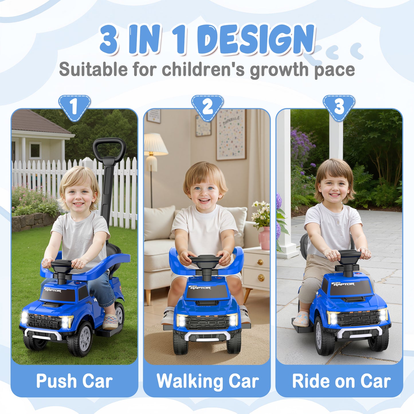 East doll 3 In 1 Push Car for Toddlers, Licensed Ford kid ride on toy, 4 wheeler ride on, Stroller Sliding Walking Car with Push Handle, Under Seat Storage, Led light, Horn