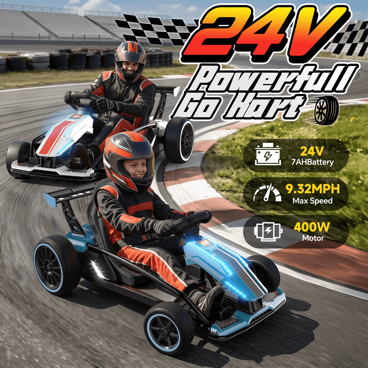 TOYBSNR 24V Electric Drift Go Kart for Kids 6-14, 24V Drift Car Ride On Racing Kart for Big Kids, Adjustable Seat, 9.3 MPH, Blue