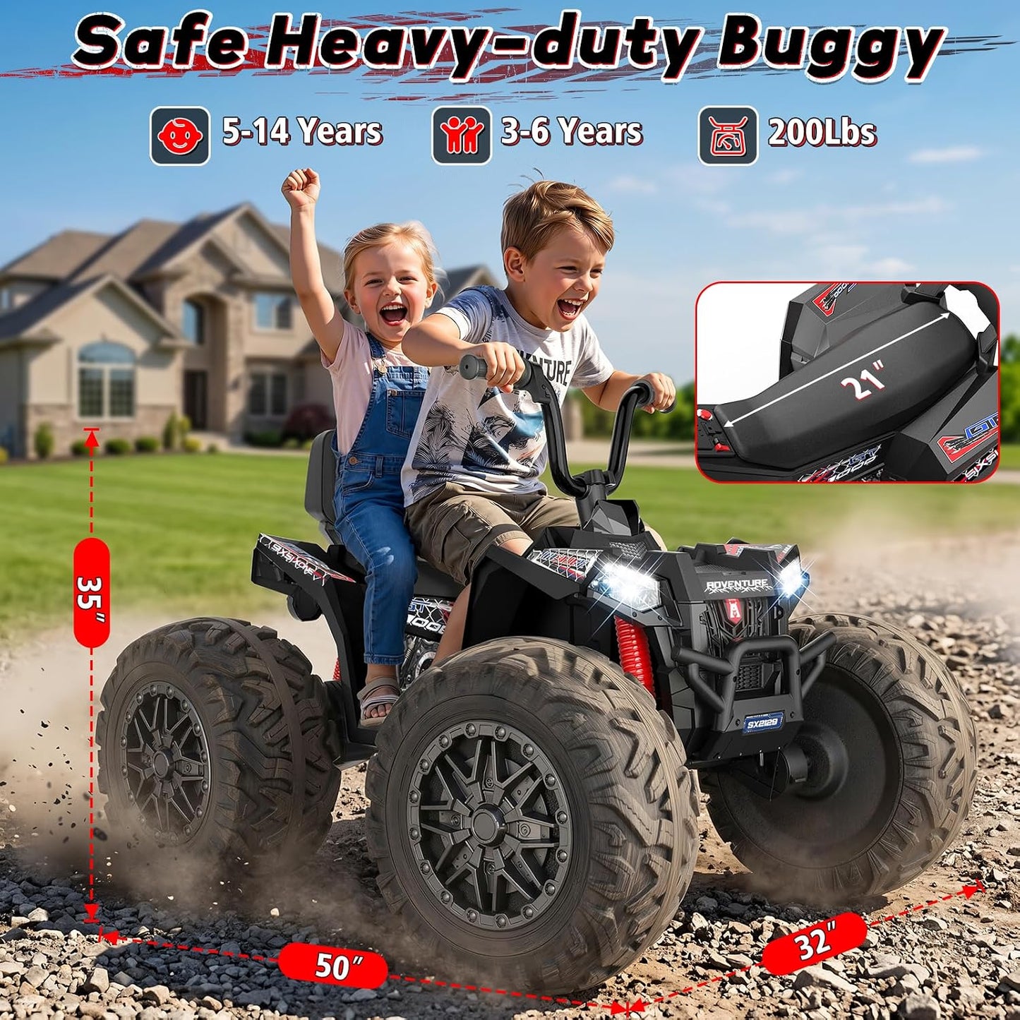 Kids ATV 4 Wheeler, 24V 4WD Ride On Toys Car for Big Kids 5-14, 800W Electric Vehicle Quad Max 7.5Mph w/XXXL EVA Tires, Sturdy Frame, 2 Seater, Soft Start, Shock Absorber, Bluetooth, LED Lights, Black-UPC: B0GWJDD779