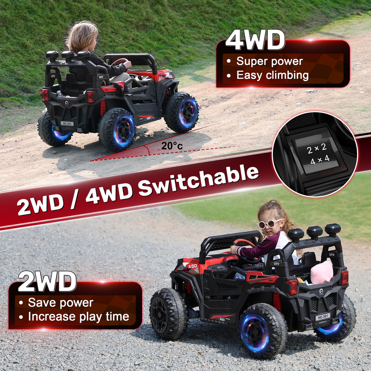 ANPABO 24 Volt Ride On Toys for Big Kids, 4WD/2WD, w/ Remote Control, Red, 4WD Off-Road Fun, 4 Shock Absorbers, 19" Wide Seat, 4-Point Safety Harness, Up to 4.5 MPH, Built-In Storage Trunk