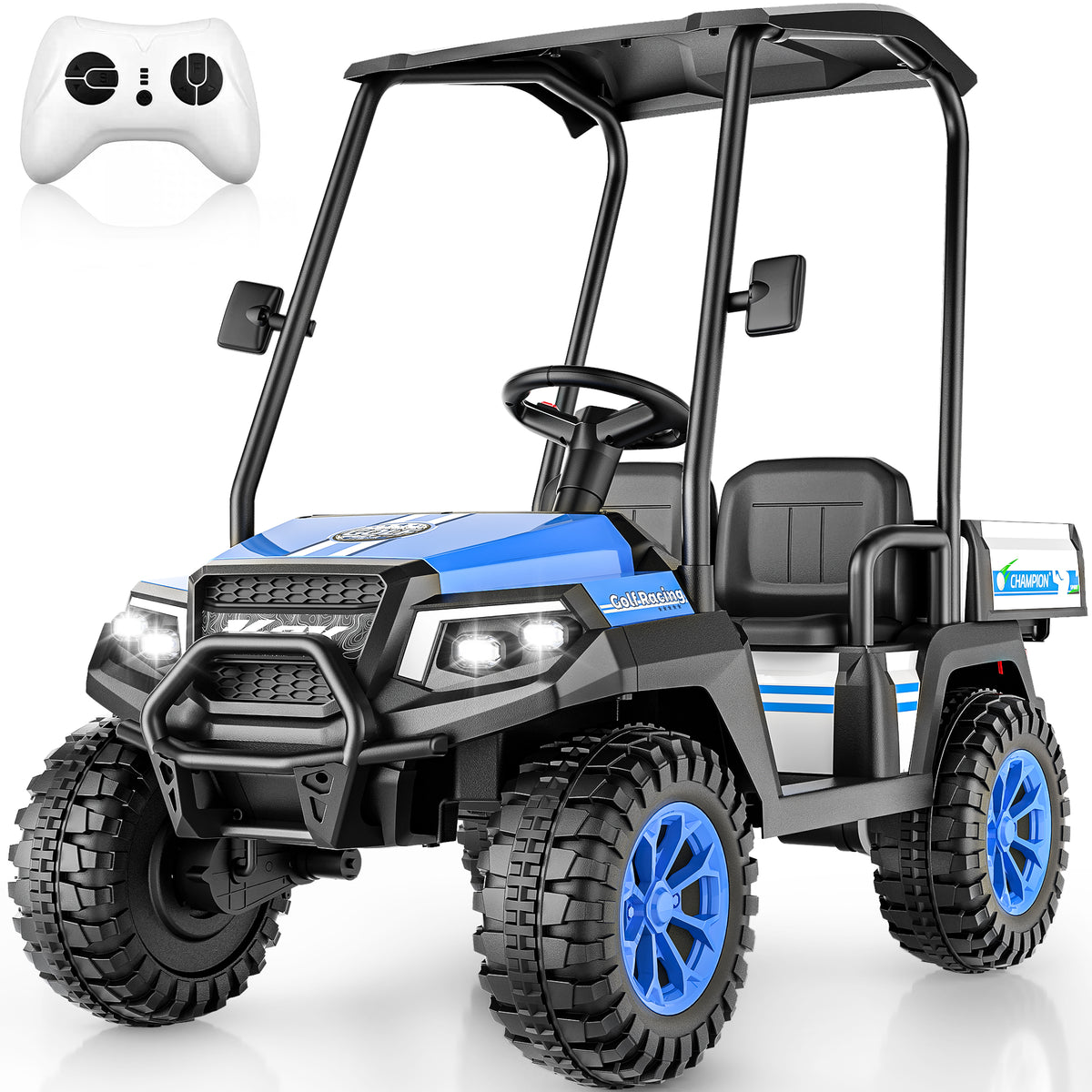 AceCruisers 24v ride on toys for Big Kids w/0.72 ft³ Large Storage Trunk, 4WD 20” 2 Seater Kids Golf Cart w/Detachable Roof, 2 Speeds, Music & Remote Control, LED Lights for Kids Ages 3-8(Blue)