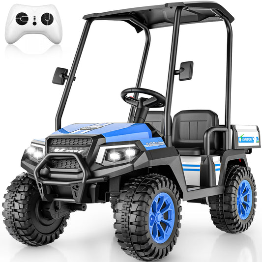 AceCruisers 24v ride on toys for Big Kids w/0.72 ft³ Large Storage Trunk, 4WD 20” 2 Seater Kids Golf Cart w/Detachable Roof, 2 Speeds, Music & Remote Control, LED Lights for Kids Ages 3-8(Blue)
