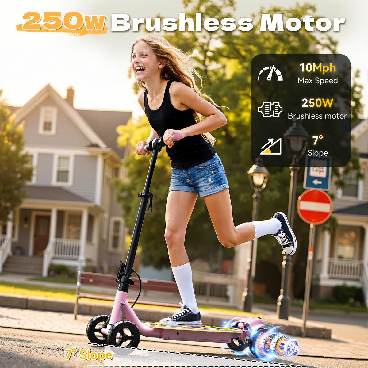 TOYBSNR 4 Wheel 24V Electric Scooter for Age 8-12 Kids, Foldable E-Scooter with Rainbow Lights, Rear Brake, Max 10 MPH & 8.5 Miles, 5 Speeds & Adjustable Balance, Gift for Boys Girls