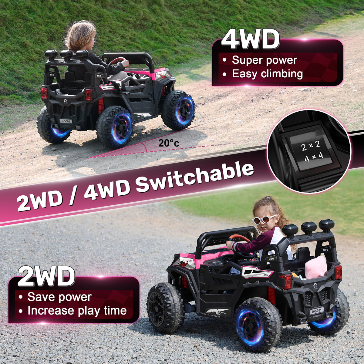 ANPABO 24 Volt Ride On Toys for Big Kids, 4WD/2WD, w/ Remote Control, Pink, 4WD Off-Road Fun, 4 Shock Absorbers, 19" Wide Seat, 4-Point Safety Harness, Up to 4.5 MPH, Built-In Storage Trunk