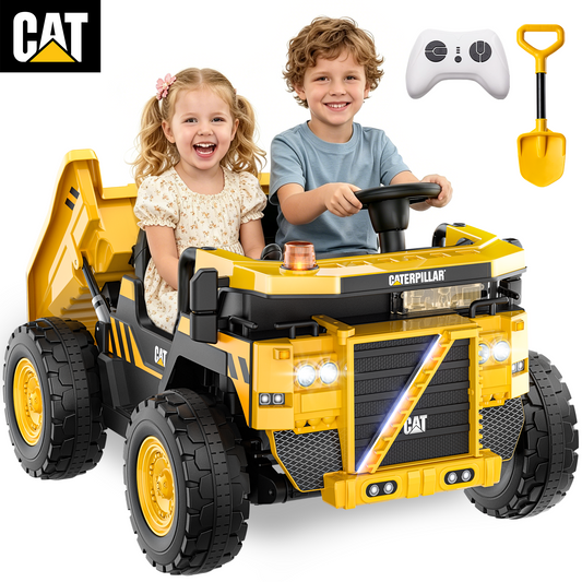 Eastdoll 24V Powered Ride on Dump Truck, Caterpillar Licensed 2 Seater Ride on Toy for Big Kids, 24 Ride ons for Ages 3-8, Ride on Car with Dump Bed, Remote Control, Shovel, Yellow