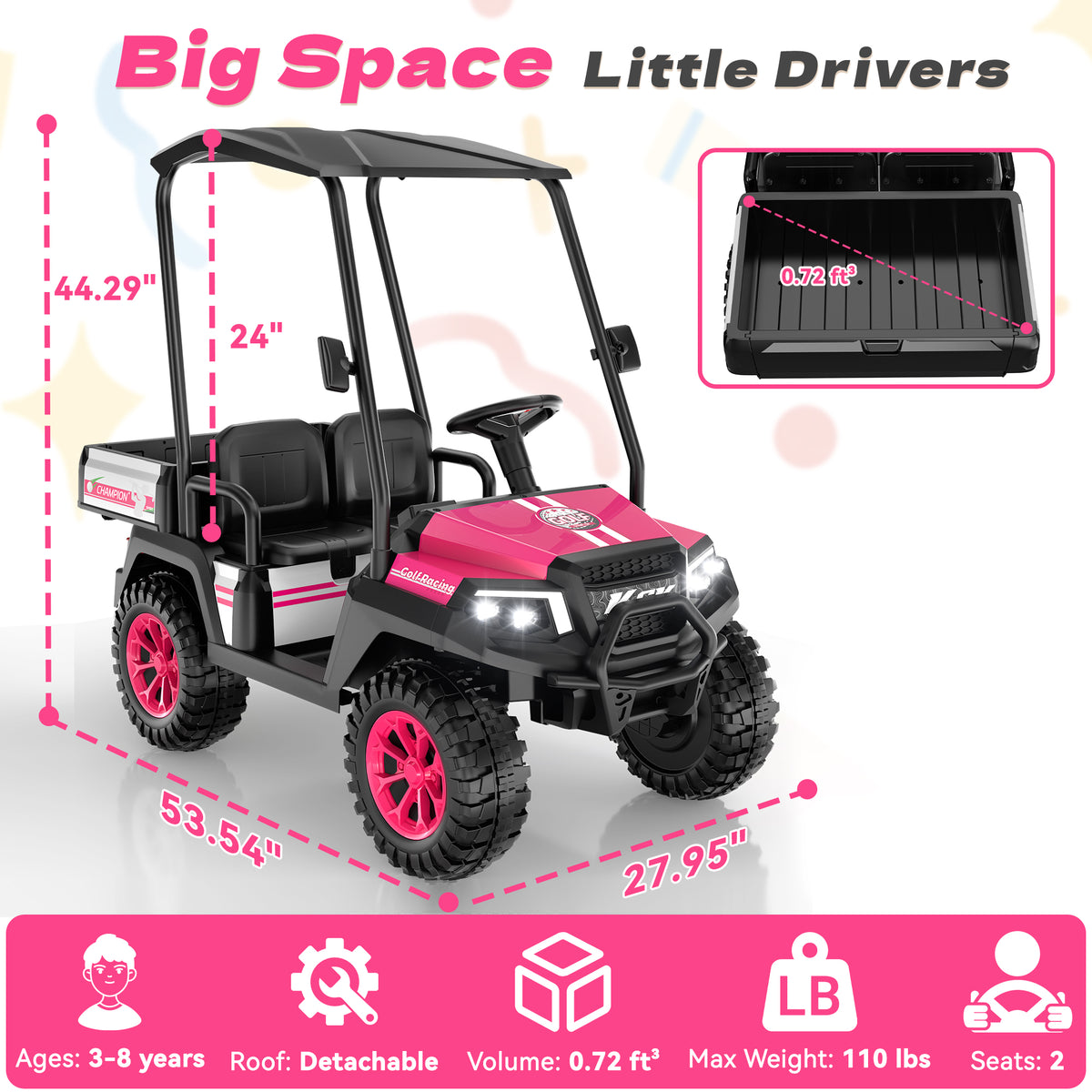 AceCruisers 24v ride on toys for Big Kids w/0.72 ft³ Large Storage Trunk, 4WD 20” 2 Seater Kids Golf Cart w/Detachable Roof, 2 Speeds, Music & Remote Control, LED Lights for Kids Ages 3-8(Pink)