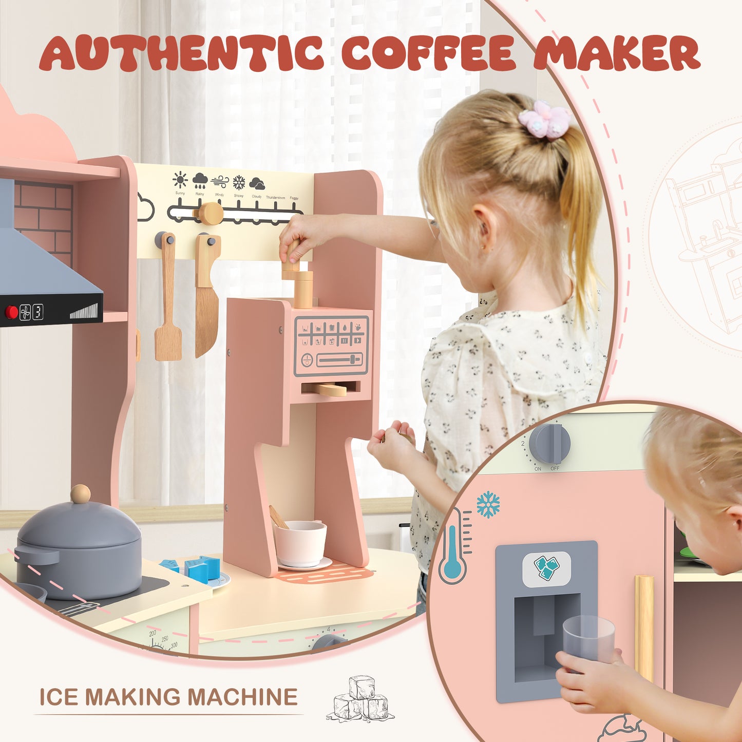 East doll Play Kitchen for Kids, Wooden Kids Play Kitchen Playset for Toddlers with 30 Pcs, Coffee Maker, CoffeeMicrowave, Real Lights & Sounds, Play Food & Cookware Accessories