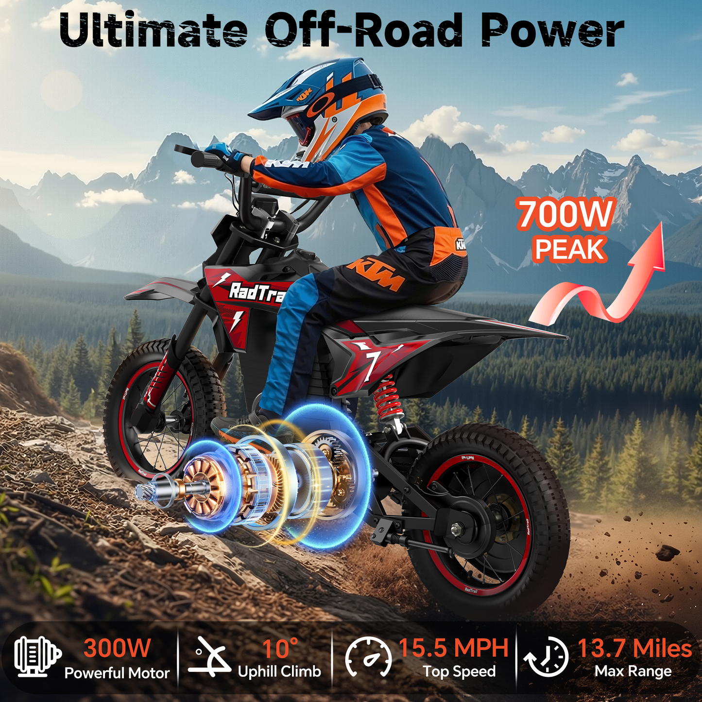 East doll 36V Electric Dirt Bike for Kids, Peak 700W Kids Electric Dirt Bikes, Electric Kids Dirt Bike for Boys Girls Aged 6-12Y, 3-Speed, Max 15.5 Mph, 13.7 Miles Long Range, 3 Light Modes