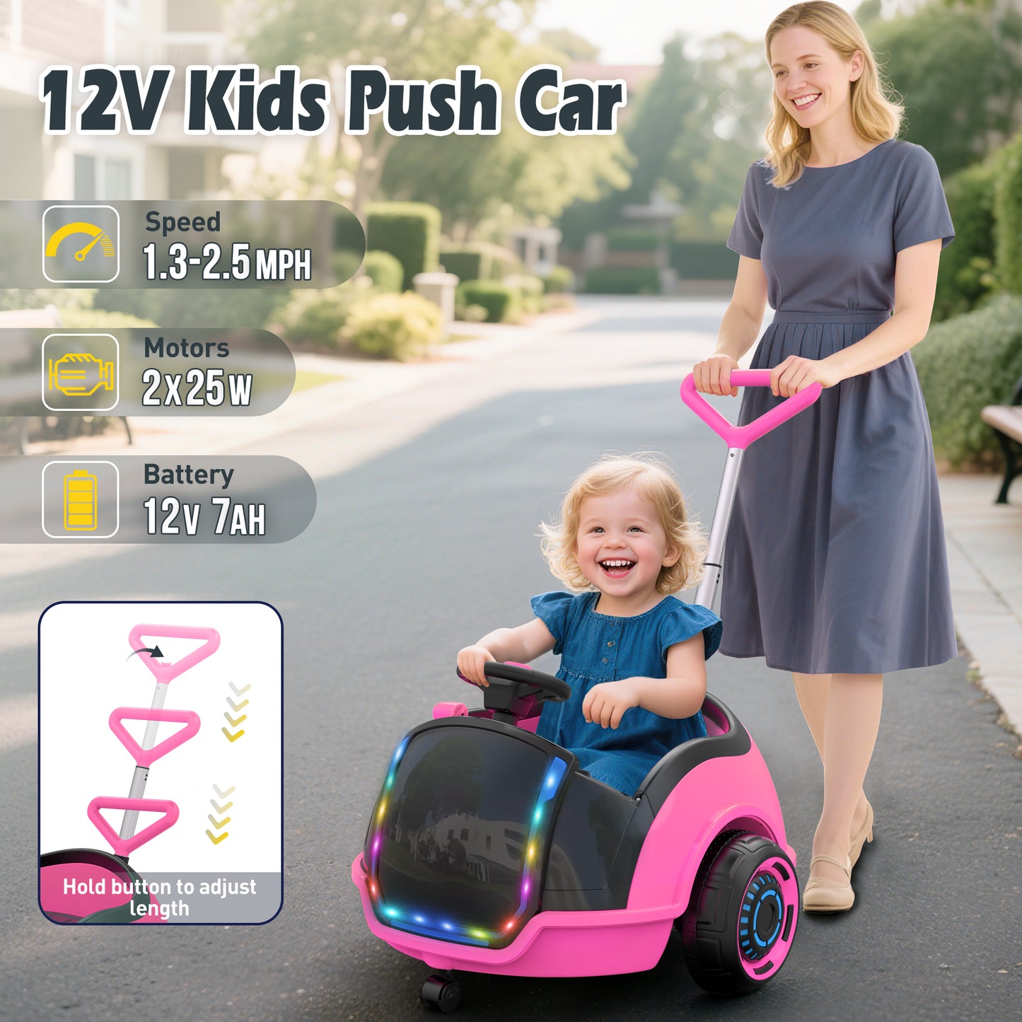 East doll 12V Electric Ride On Toy Car for Toddlers, Kids Puch Car, Outdoor Stroller Toys for Kids, Kids Cars to Ride in, 1-3Y,Remote Control, 1.3-2.5MPH, Music, Horn