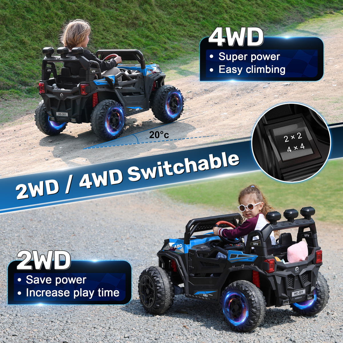 ANPABO 24 Volt Ride On Toys for Big Kids, 4WD/2WD, w/ Remote Control, Blue, 4WD Off-Road Fun, 4 Shock Absorbers, 19" Wide Seat, 4-Point Safety Harness, Up to 4.5 MPH, Built-In Storage Trunk