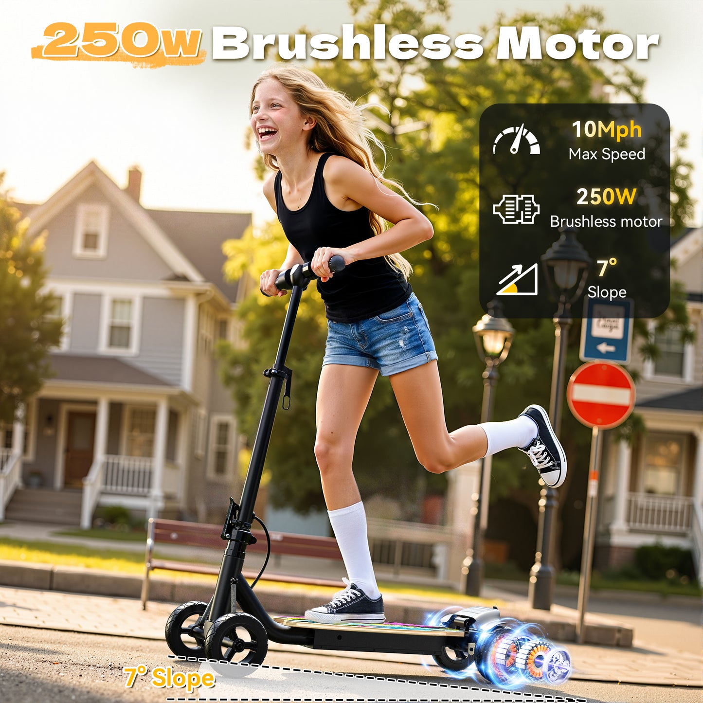 4-Wheel Electric Scooter for Kids w/250W Brushless Motor, Max 10 MPH & 8.5 Miles, Rainbow Lights, LED Display, 5 Speed, Adjustable Balance Kids Electric Scooter, UPC: B0FNDLN4LK