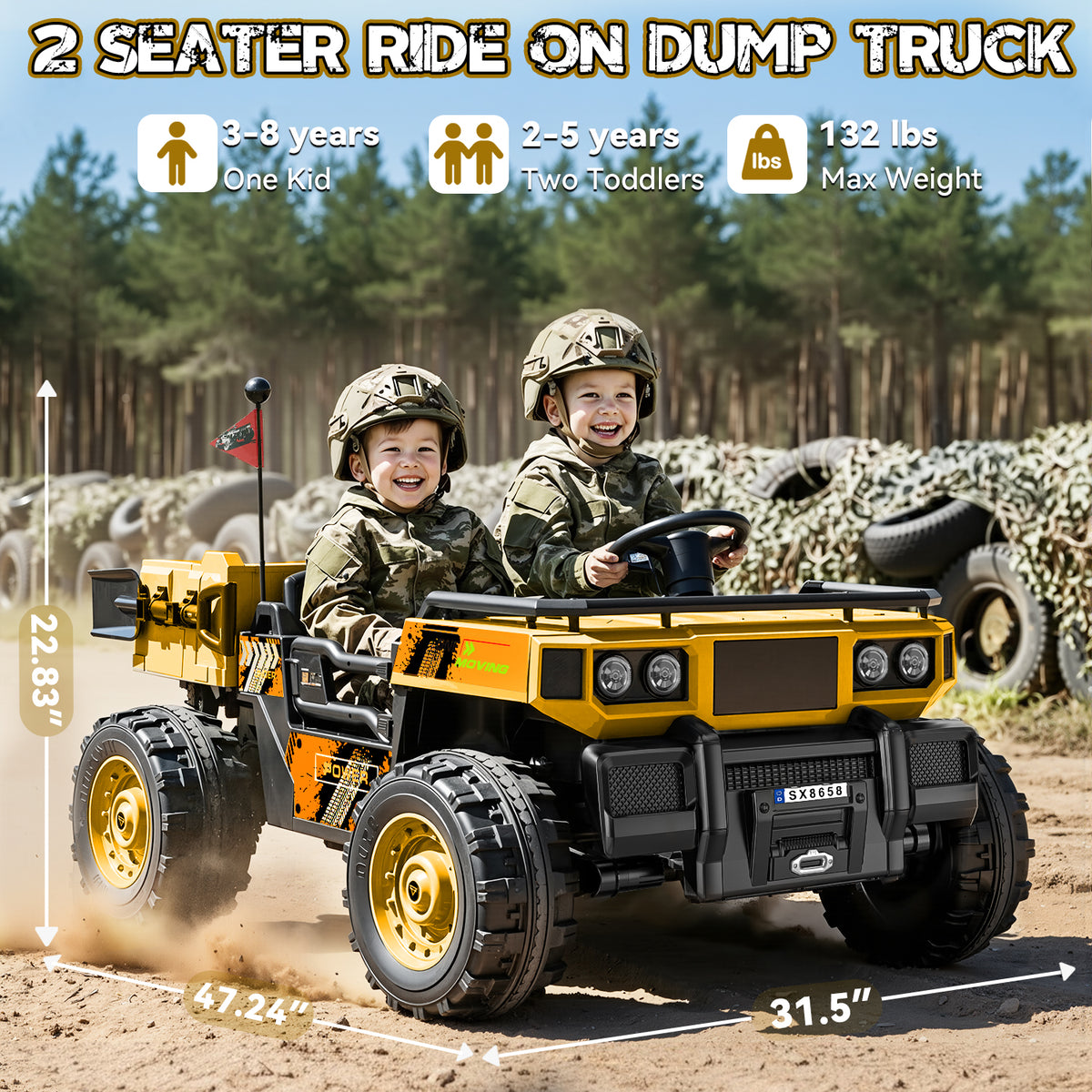 ARBELI 24V 4WD Ride on Dump Truck 2-Seater Ride on Toy Car for Kids 3-8yrs Electric dump bed, 4X100w motors, Max 4.5 mph & 132lb load, 20" wide seat, shovel, toolbox & cup holder, remote control