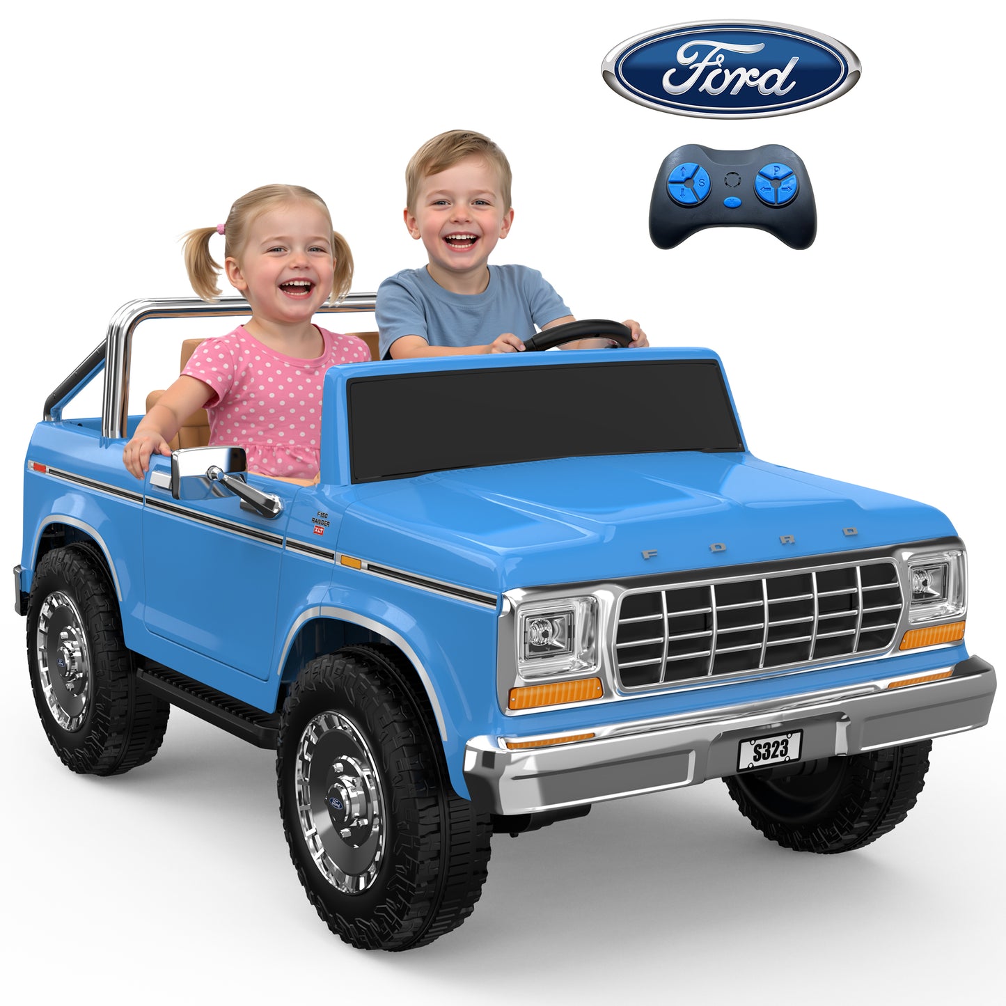 East doll 24V 2 Seater Power Ride on Car for Kids, Licensed Ford 1973 Ford F-150 Ride on Dump Truck, Remote Control, Bluetooth, Storage Bed