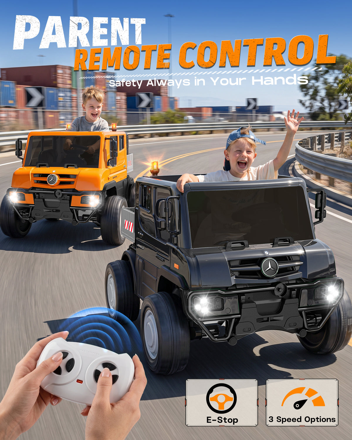 TOPLIX Mercedes-Benz Unimog 24V Ride On Dump Truck for Kids, 2 Seater w/Remote