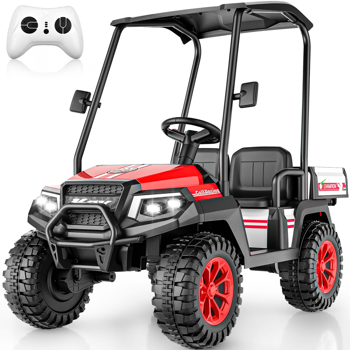 AceCruisers 24v ride on toys for Big Kids w/0.72 ft³ Large Storage Trunk, 4WD 20” 2 Seater Kids Golf Cart w/Detachable Roof, 2 Speeds, Music & Remote Control, LED Lights for Kids Ages 3-8(Red)