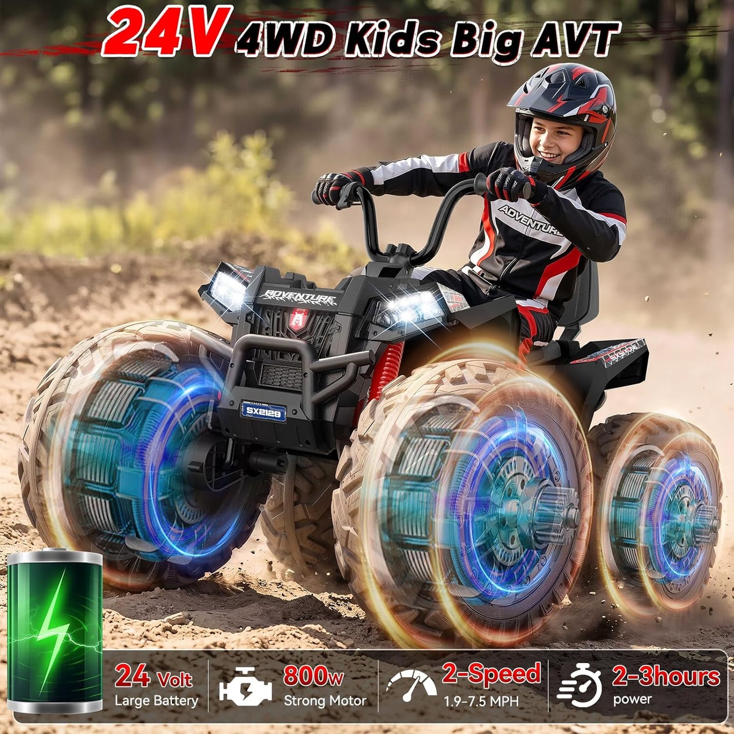 Kids ATV 4 Wheeler, 24V 4WD Ride On Toys Car for Big Kids 5-14, 800W Electric Vehicle Quad Max 7.5Mph w/XXXL EVA Tires, Sturdy Frame, 2 Seater, Soft Start, Shock Absorber, Bluetooth, LED Lights, Black-UPC: B0GWJDD779