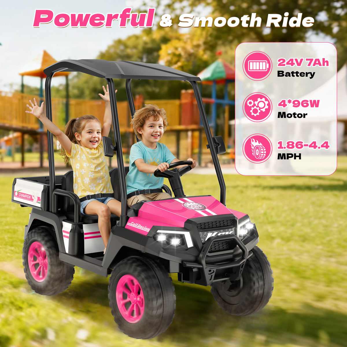 AceCruisers 24v ride on toys for Big Kids w/0.72 ft³ Large Storage Trunk, 4WD 20” 2 Seater Kids Golf Cart w/Detachable Roof, 2 Speeds, Music & Remote Control, LED Lights for Kids Ages 3-8(Pink)