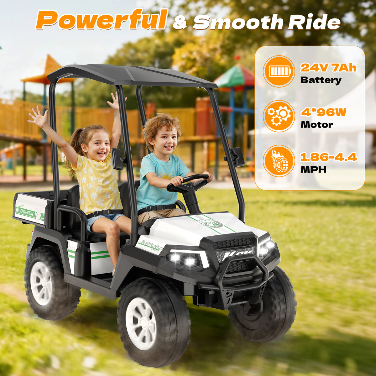 AceCruisers 24v ride on toys for Big Kids w/0.72 ft³ Large Storage Trunk, 4WD 20” 2 Seater Kids Golf Cart w/Detachable Roof, 2 Speeds, Music & Remote Control, LED Lights for Kids Ages 3-8(White)
