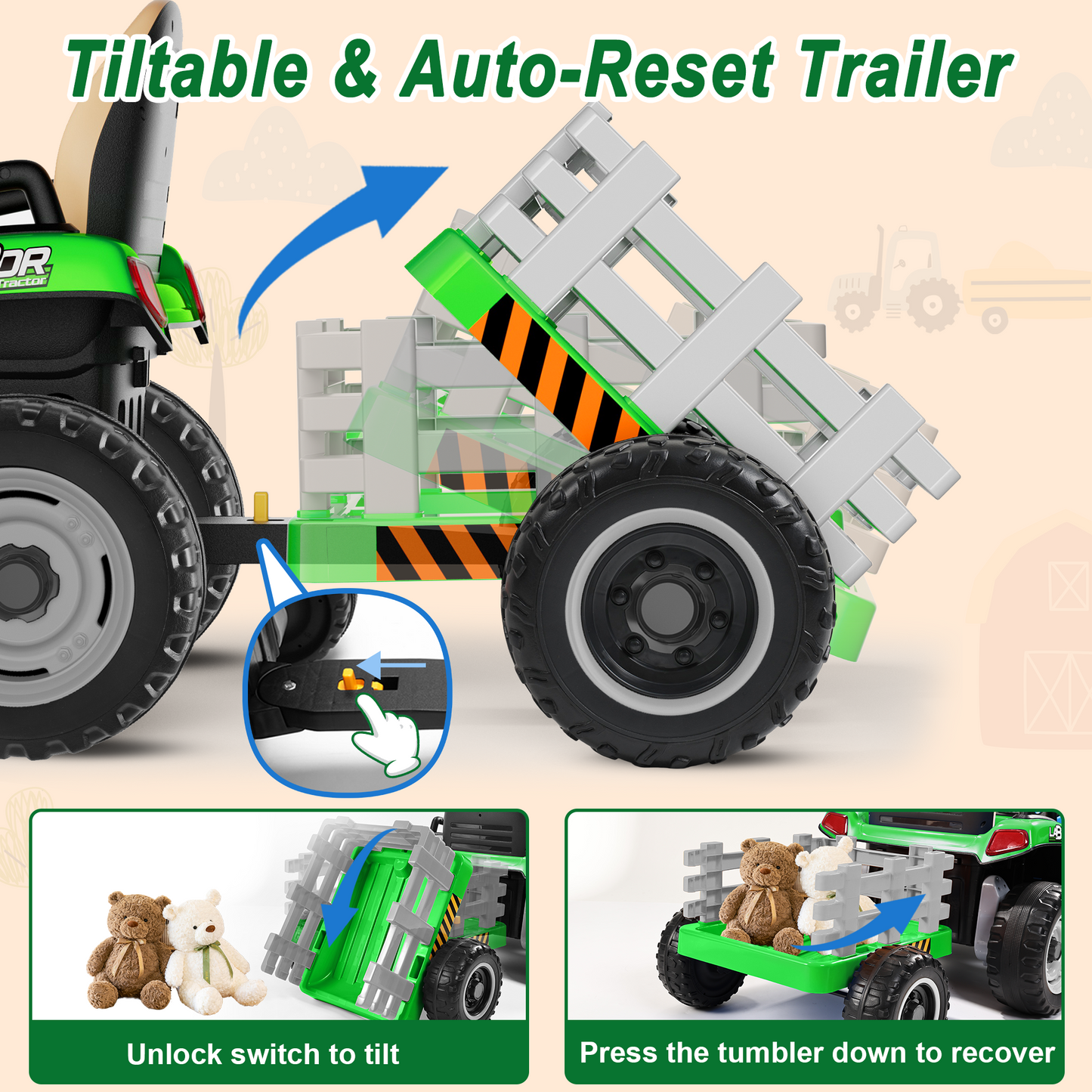 East doll 24 Volt Ride on Toys Car for Kids, Ride-on Tractor with Trailer, Electric Car for Kids, Power EVA Four Wheeler with Remote Control, 4.3Mph, Music Player, LED Light