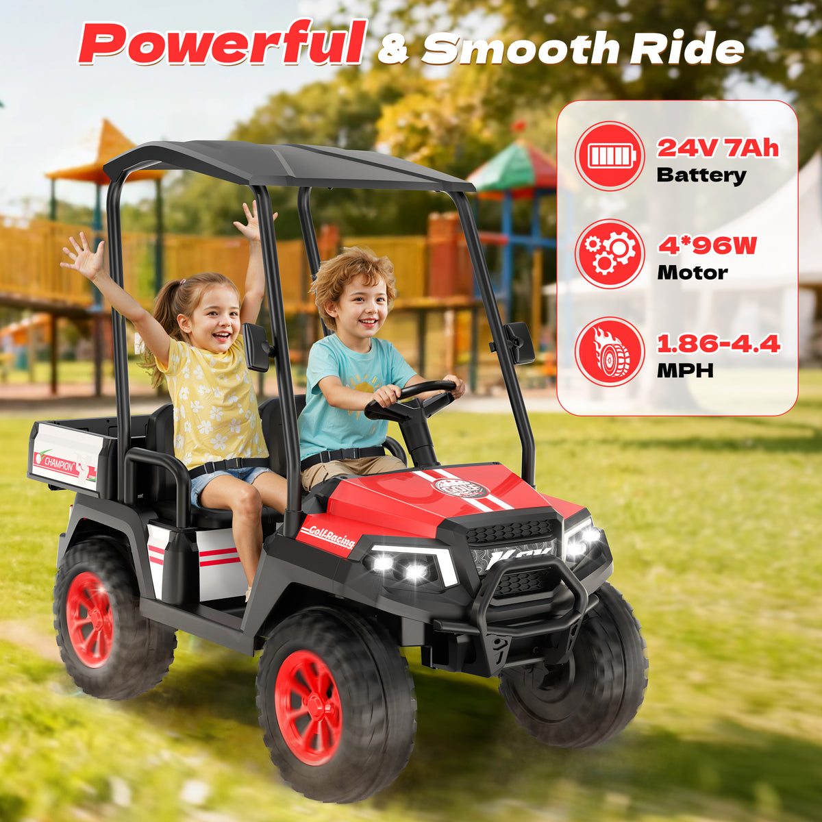 AceCruisers 24v ride on toys for Big Kids w/0.72 ft³ Large Storage Trunk, 4WD 20” 2 Seater Kids Golf Cart w/Detachable Roof, 2 Speeds, Music & Remote Control, LED Lights for Kids Ages 3-8(Red)