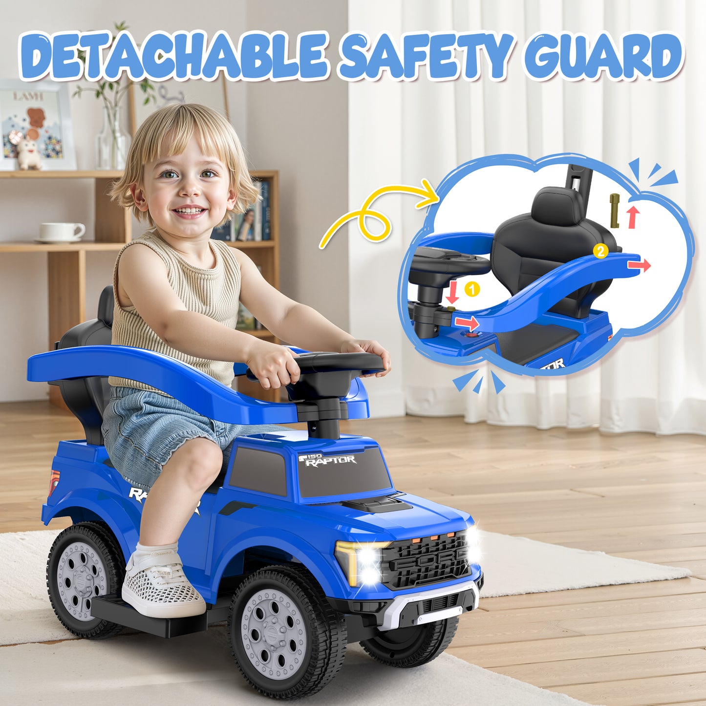 East doll 3 In 1 Push Car for Toddlers, Licensed Ford kid ride on toy, 4 wheeler ride on, Stroller Sliding Walking Car with Push Handle, Under Seat Storage, Led light, Horn