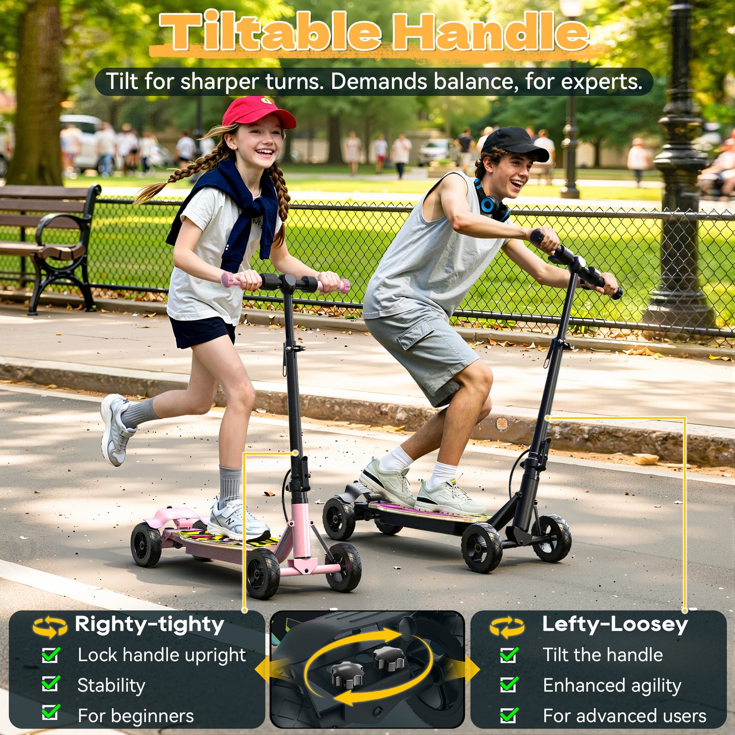 East doll 24V 4 Wheel Electric Scooter for Kids Ages 8-12, 250W Brushless Motor, Max 10 MPH & 8.5 Miles, LED Lights, 5 Speed, Rear Brake, Tiltable Handle Kids E-Scooter