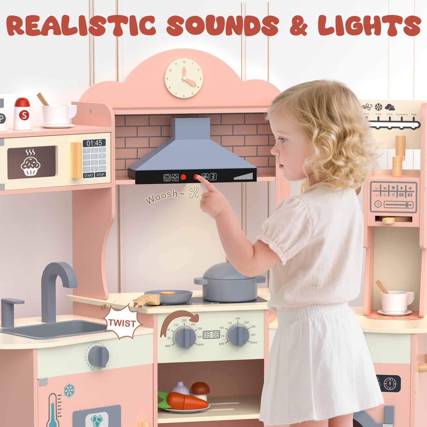 East doll Play Kitchen for Kids, Wooden Kids Play Kitchen Playset for Toddlers with 30 Pcs, Coffee Maker, CoffeeMicrowave, Real Lights & Sounds, Play Food & Cookware Accessories