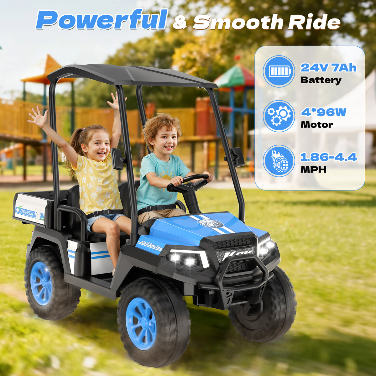 AceCruisers 24v ride on toys for Big Kids w/0.72 ft³ Large Storage Trunk, 4WD 20” 2 Seater Kids Golf Cart w/Detachable Roof, 2 Speeds, Music & Remote Control, LED Lights for Kids Ages 3-8(Blue)