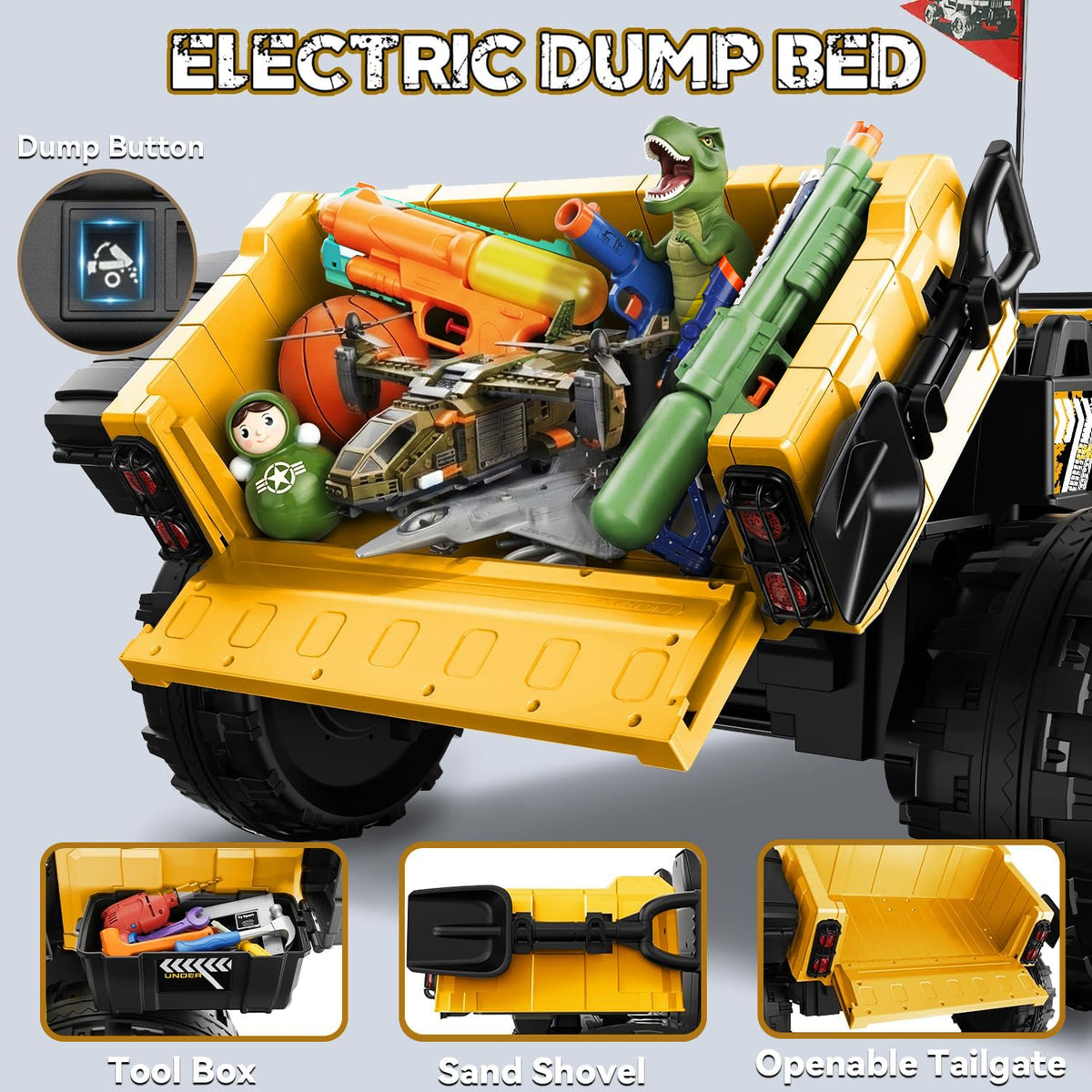ARBELI 24V 4WD Ride on Dump Truck 2-Seater Ride on Toy Car for Kids 3-8yrs Electric dump bed, 4X100w motors, Max 4.5 mph & 132lb load, 20" wide seat, shovel, toolbox & cup holder, remote control