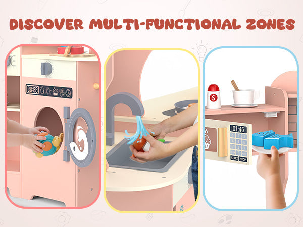 East doll Play Kitchen for Kids, Wooden Kids Play Kitchen Playset for Toddlers with 30 Pcs, Coffee Maker, CoffeeMicrowave, Real Lights & Sounds, Play Food & Cookware Accessories