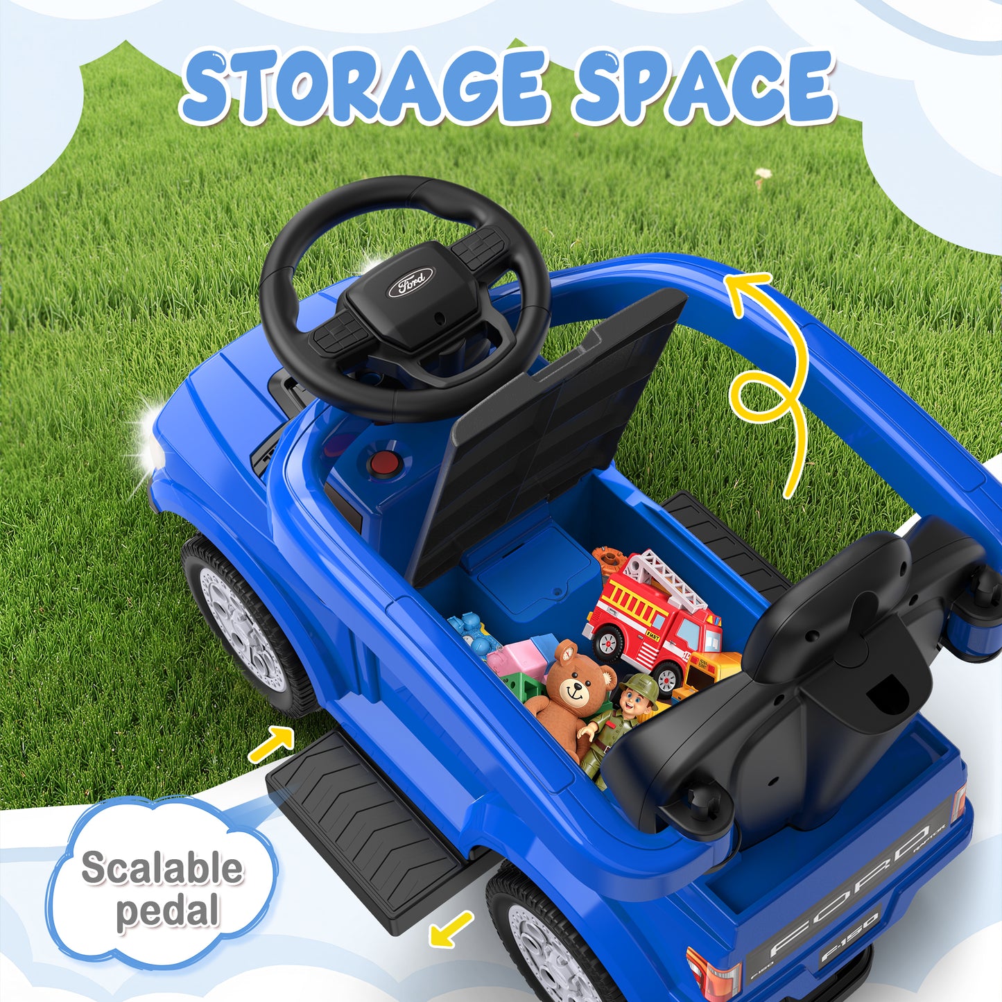 East doll 3 In 1 Push Car for Toddlers, Licensed Ford kid ride on toy, 4 wheeler ride on, Stroller Sliding Walking Car with Push Handle, Under Seat Storage, Led light, Horn