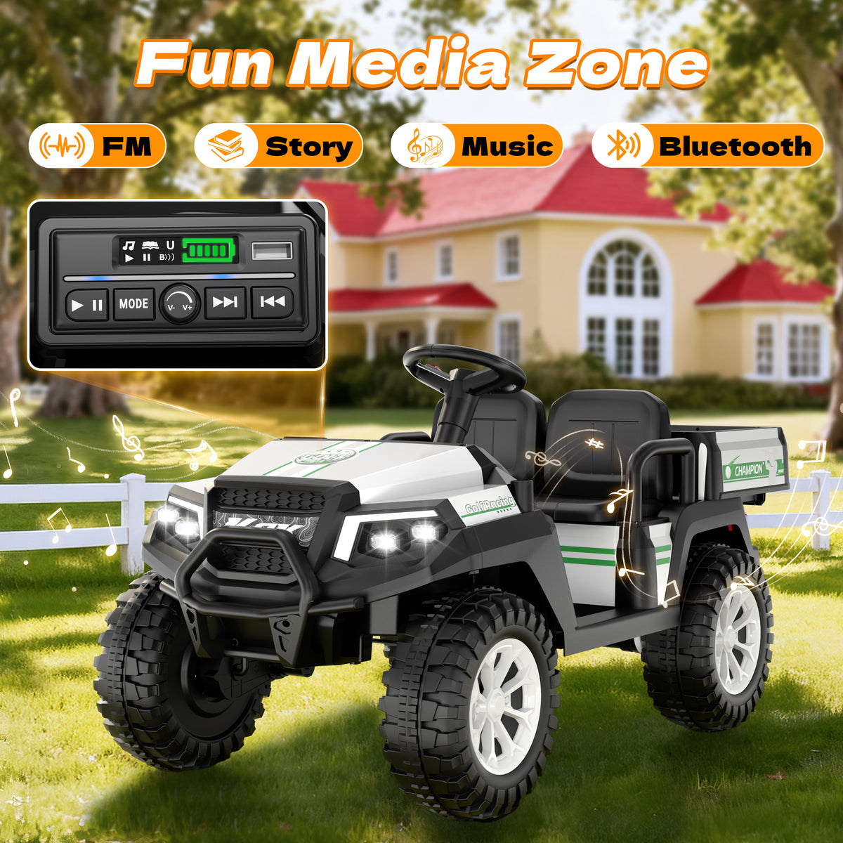 AceCruisers 24v ride on toys for Big Kids w/0.72 ft³ Large Storage Trunk, 4WD 20” 2 Seater Kids Golf Cart w/Detachable Roof, 2 Speeds, Music & Remote Control, LED Lights for Kids Ages 3-8(White)