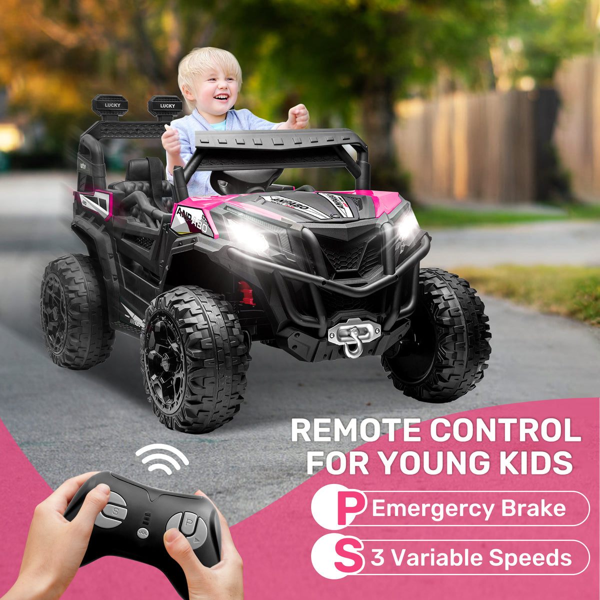 ANPABO 24 Volt Ride On Toys for Big Kids, 4WD/2WD, w/ Remote Control, Pink, 4WD Off-Road Fun, 4 Shock Absorbers, 19" Wide Seat, 4-Point Safety Harness, Up to 4.5 MPH, Built-In Storage Trunk