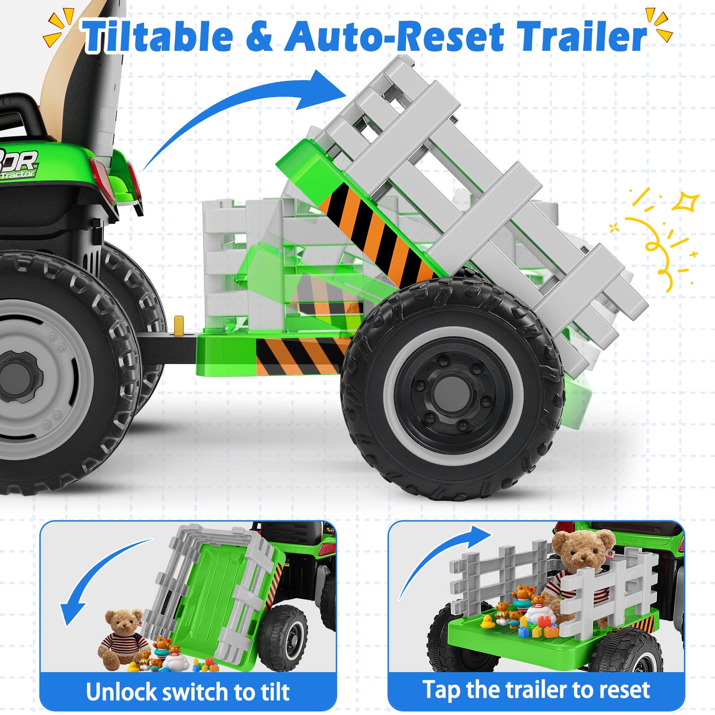 East doll 12V Ride on Tractor with Tiltable & Detachable Trailer, up to 3.1Mph Truck with Parental Remote, Music Player, Bluetooth Function & Headlight