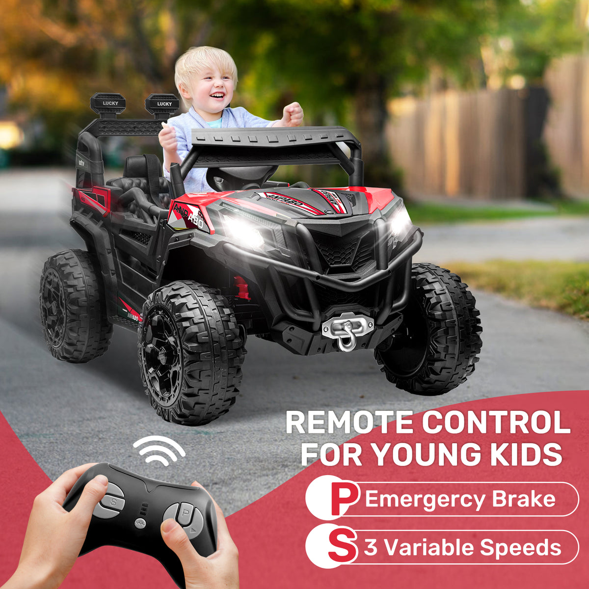 ANPABO 24 Volt Ride On Toys for Big Kids, 4WD/2WD, w/ Remote Control, Red, 4WD Off-Road Fun, 4 Shock Absorbers, 19" Wide Seat, 4-Point Safety Harness, Up to 4.5 MPH, Built-In Storage Trunk