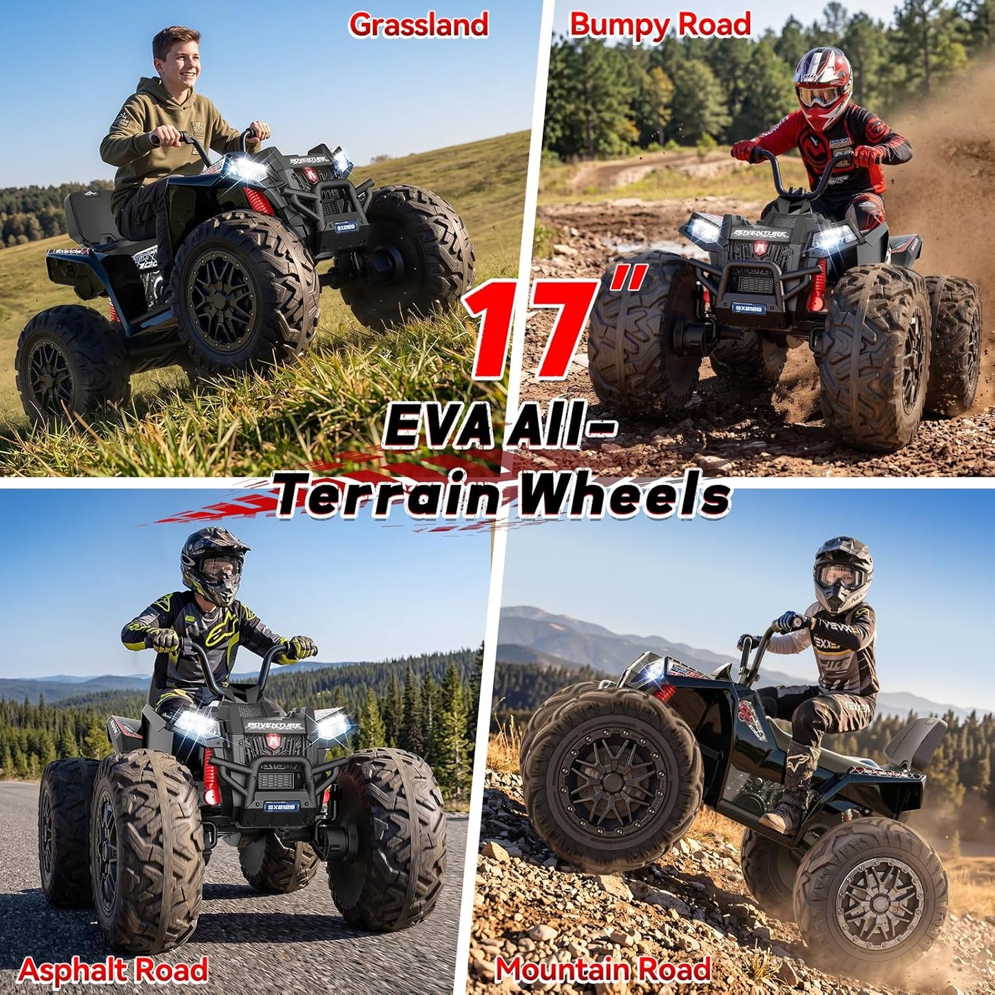 Kids ATV 4 Wheeler, 24V 4WD Ride On Toys Car for Big Kids 5-14, 800W Electric Vehicle Quad Max 7.5Mph w/XXXL EVA Tires, Sturdy Frame, 2 Seater, Soft Start, Shock Absorber, Bluetooth, LED Lights, Black-UPC: B0GWJDD779