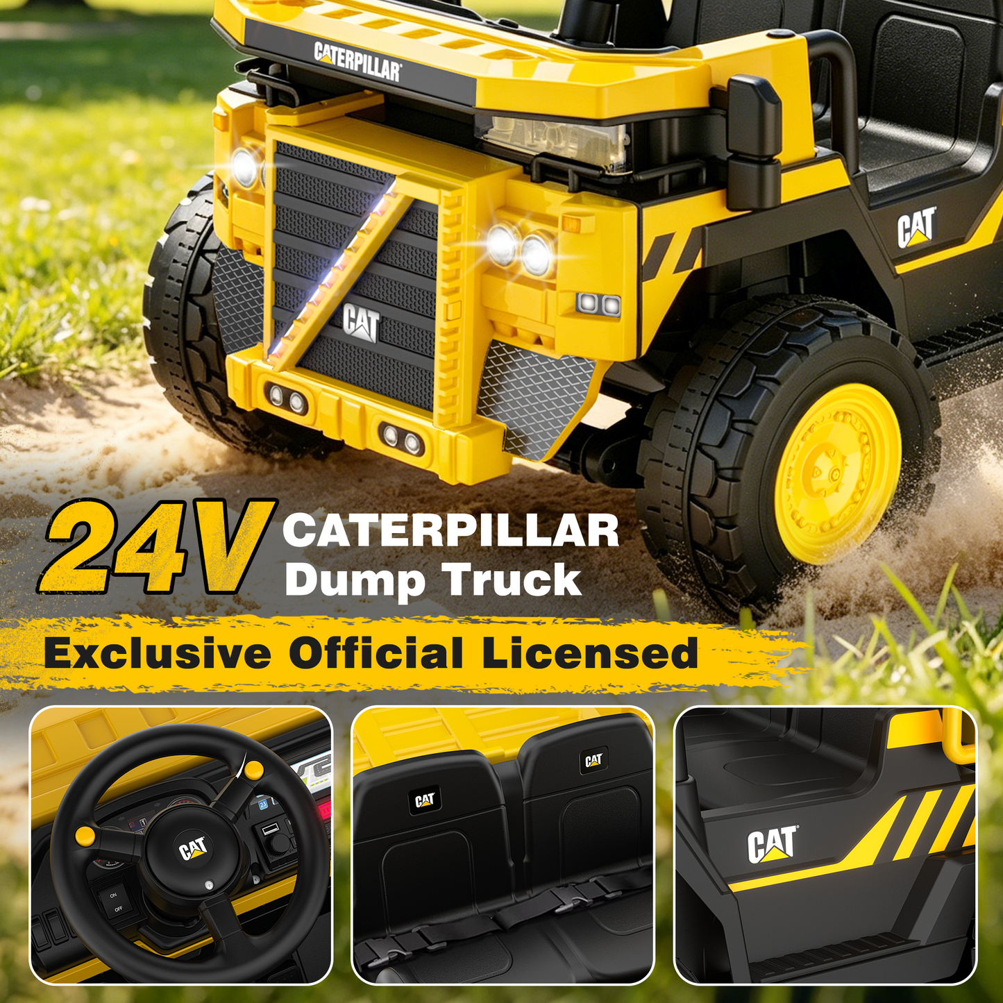 Eastdoll 24V Powered Ride on Dump Truck, Caterpillar Licensed 2 Seater Ride on Toy for Big Kids, 24 Ride ons for Ages 3-8, Ride on Car with Dump Bed, Remote Control, Shovel, Yellow