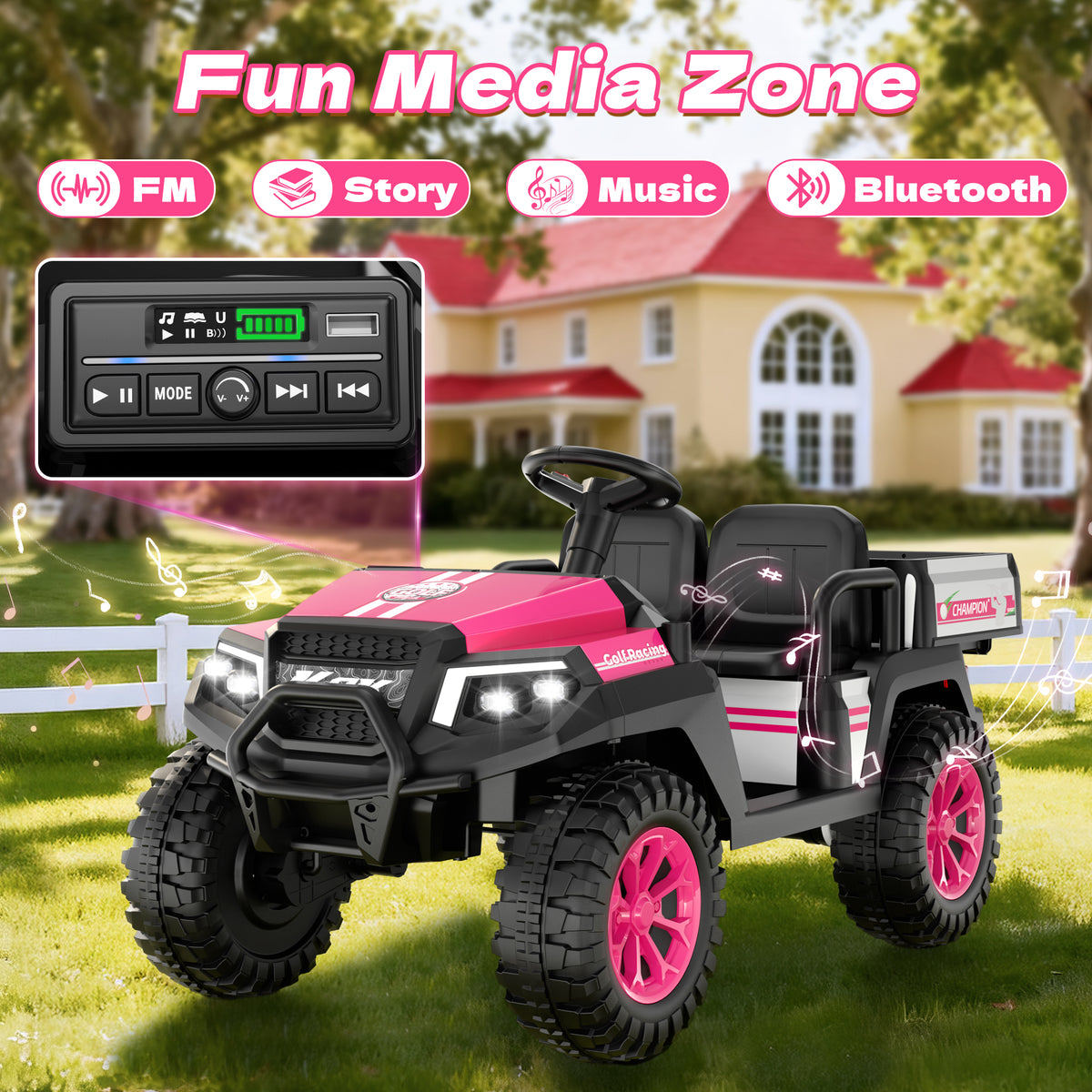 AceCruisers 24v ride on toys for Big Kids w/0.72 ft³ Large Storage Trunk, 4WD 20” 2 Seater Kids Golf Cart w/Detachable Roof, 2 Speeds, Music & Remote Control, LED Lights for Kids Ages 3-8(Pink)