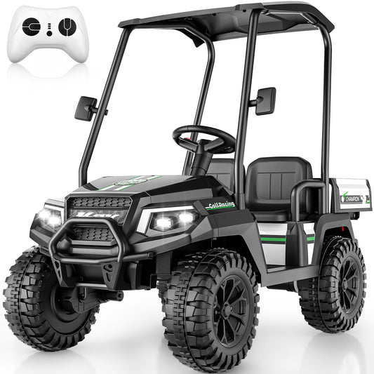 AceCruisers 24v ride on toys for Big Kids w/0.72 ft³ Large Storage Trunk, 4WD 20” 2 Seater Kids Golf Cart w/Detachable Roof, 2 Speeds, Music & Remote Control, LED Lights for Kids Ages 3-8(Black)