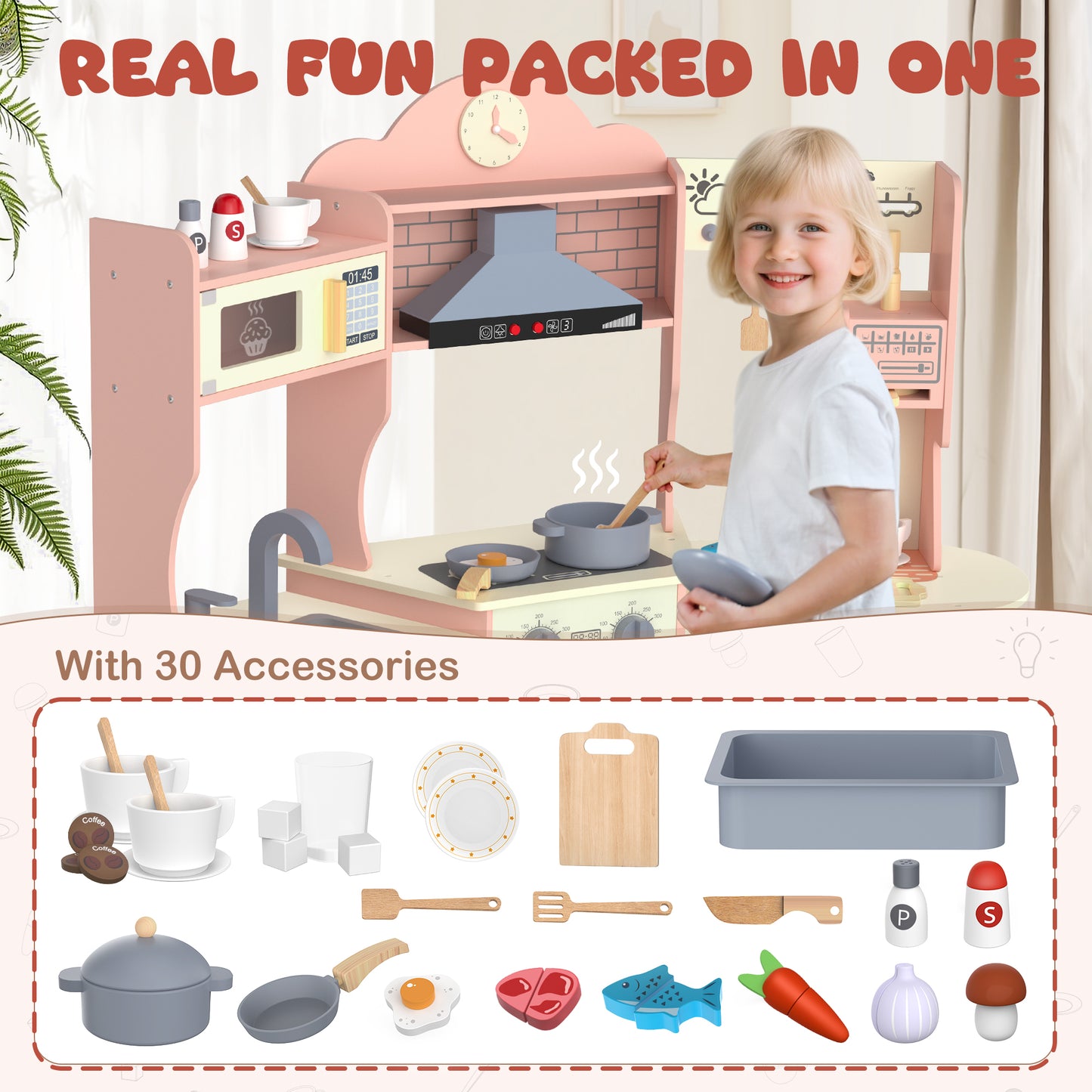 East doll Play Kitchen for Kids, Wooden Kids Play Kitchen Playset for Toddlers with 30 Pcs, Coffee Maker, CoffeeMicrowave, Real Lights & Sounds, Play Food & Cookware Accessories