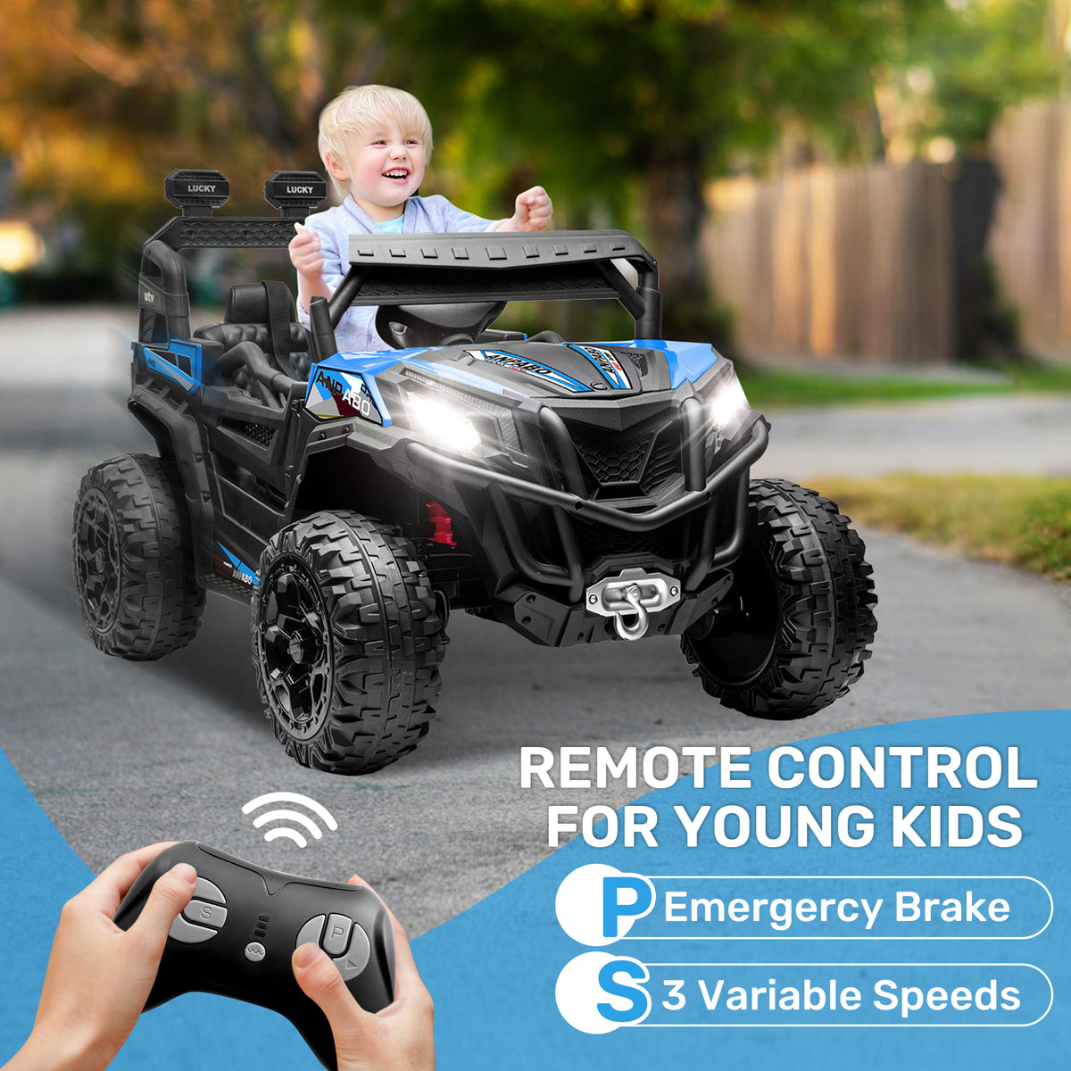 ANPABO 24 Volt Ride On Toys for Big Kids, 4WD/2WD, w/ Remote Control, Blue, 4WD Off-Road Fun, 4 Shock Absorbers, 19" Wide Seat, 4-Point Safety Harness, Up to 4.5 MPH, Built-In Storage Trunk